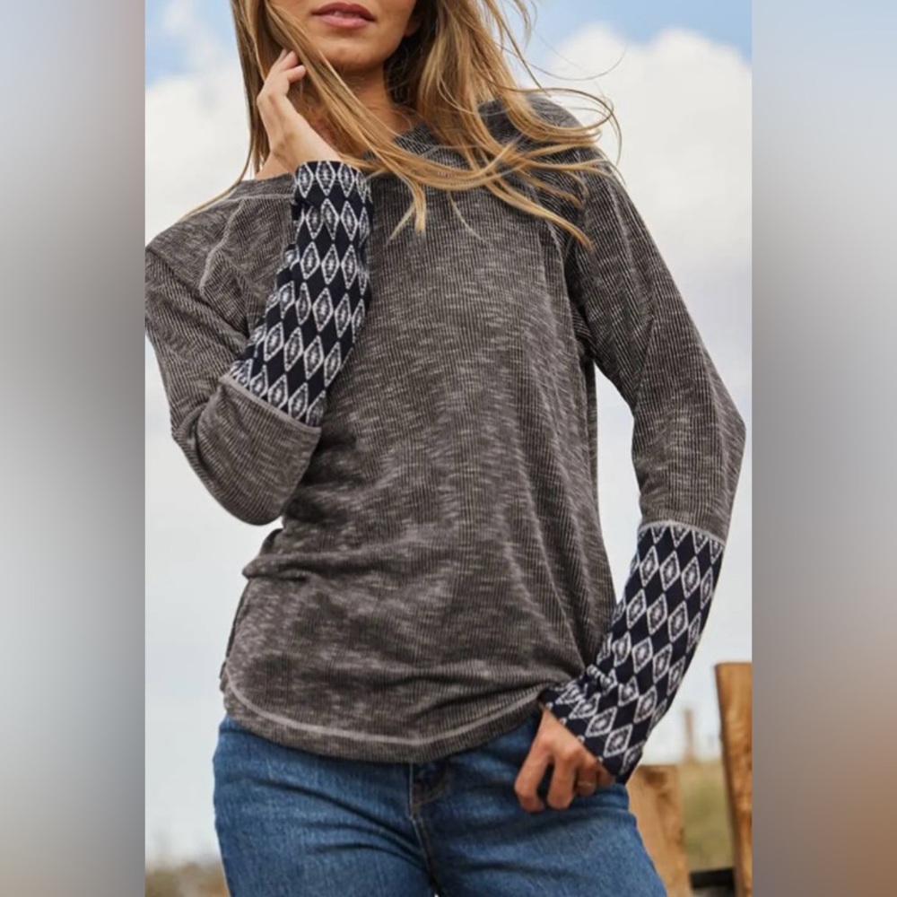 Long Sleeve Knit Top with Contrast Patterned Cuffs - Charcoal